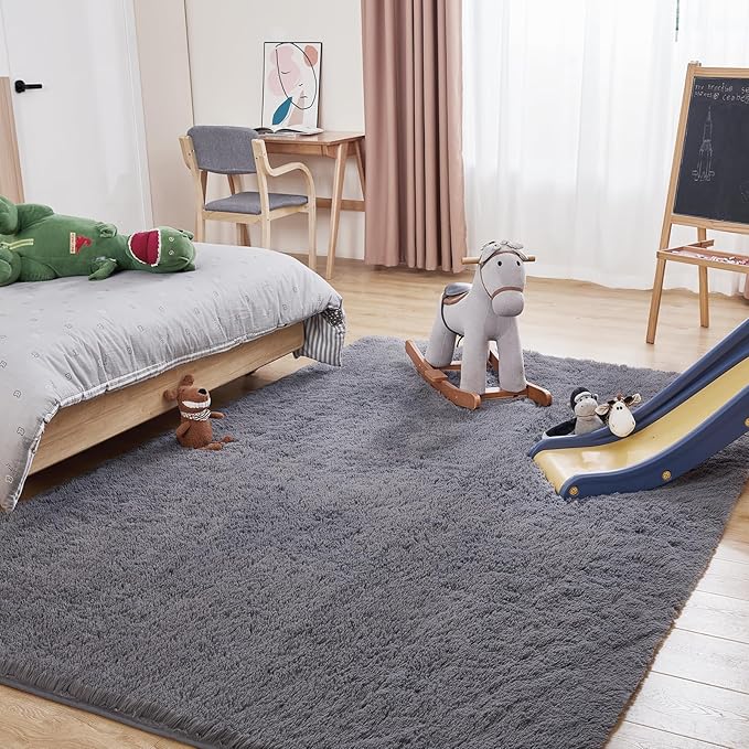 Ultra Soft Grey Rugs for Living Room, 5x7 Fluffy Plush Area Rugs for Bedroom, Non-Slip Floor Carpet for Kids Room, Bedside, Playroom, Corridor, Indoor Decor