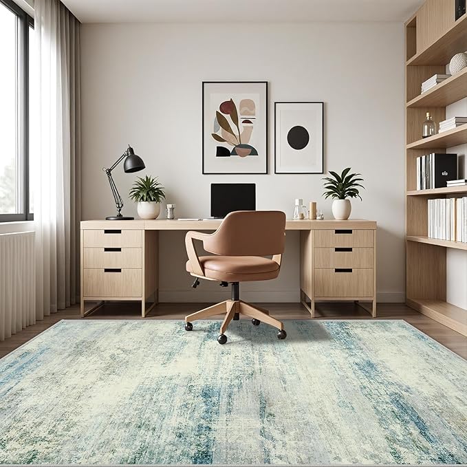 Washable Rug 6x9 Area Rugs, Abstract Large Living Room Rugs with Non-Slip Backing, Thin Carpet for Dorm Dining Room Table Nursery Indoor Home Office -Blue/Gray