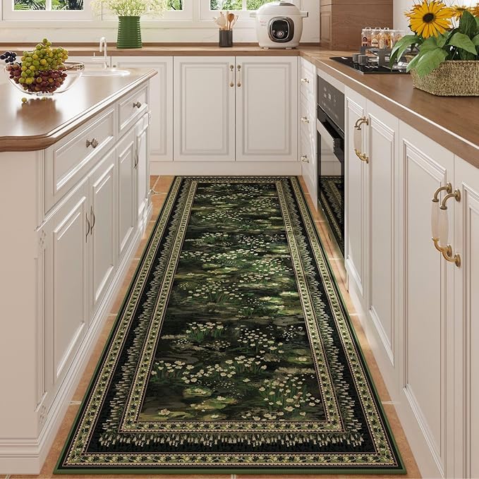 Runner Rug Impressionist-Style Vintage Kitchen Rugs Non Slip Washable Soft Carpet Runner for Kitchen Laundry Bedroom Bathroom, Green