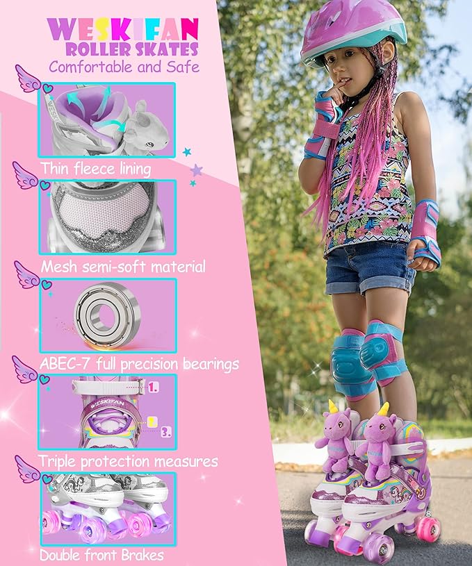 Unicorn Doll Kids Toddler Roller Skates for Girls,WESKIFAN Quad Skating Shoes with Shiny Light up Wheels&Adjustable Sizes Beginners rollerskates for Birthday Xmas Gifts,Patines para Niñas Niños