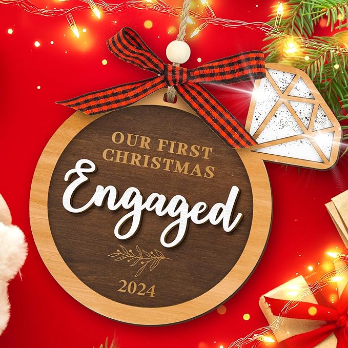 Our First Christmas Engaged Ornament 2024 - Wood Engagement Ornament 2024, Funny Engagement Gifts for Couples, Happy Newly Engaged Christmas Ornament 2024 for Bride