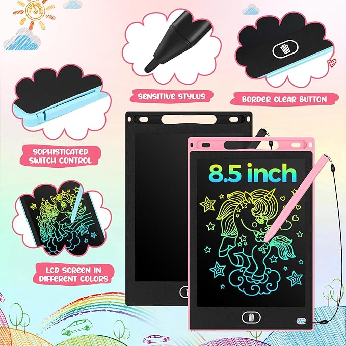 Tinlade 12 Pack LCD Writing Drawing Tablets 8.5 Inch Bulk Colorful Doodle Board Erasable Electronic Painting Drawing Pads Learning Toy Gifts for Kids Boys Girls(Pink, Light Blue, White, Black)