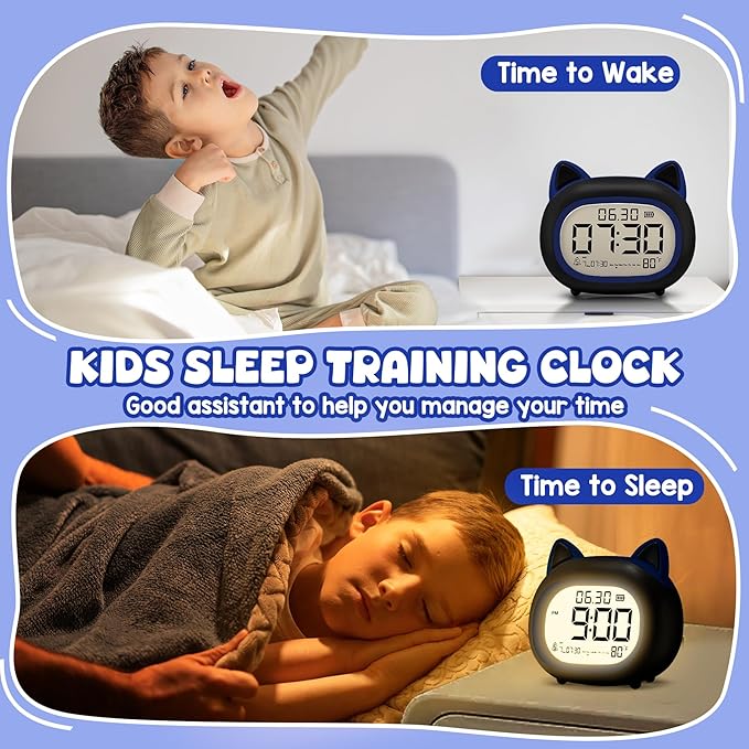 Kids Alarm Clock with Night Light for Kids, Small Digital Alarm Clocks for Bedrooms, Routine Builder, Cute Cat Alarm Clock with Sleep Training, Snooze, 12/24H, Date & Day, Temperature, USB Port