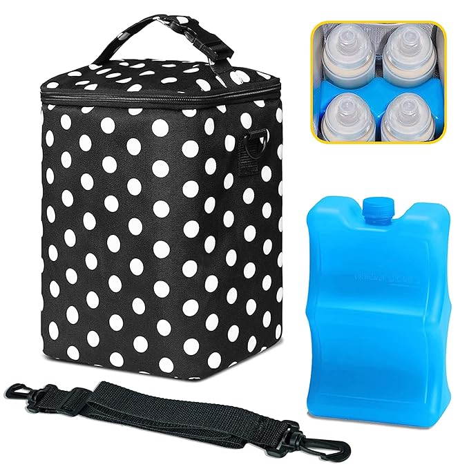 Breastmilk Cooler Bag with Ice Pack Fits 4 Baby Bottles Up to 9 Ounce Insulated Baby Bottle Bag Breast Milk Cooler on The Go with Strap Baby Bottle Cooler Bag for Nursing Mom Daycare or Travel