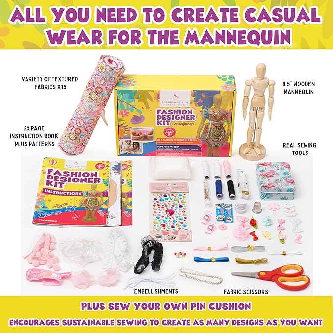 Fashion Designer Kits for Girls Ages 8+ Beginners Learn About Patterns, Draft & Re-Design Patterns, Sew & Be A Fashion Designer for The 8.5 in. Wood Mannequin. Sewing Kits for Kids 8-12