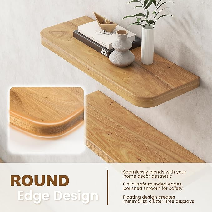 Rustic Elm Wood Floating Shelves for Wall Round Edge, 55"W x 9.2"D x 1.37"H, Set of 1 with Invisible Bracket, Wall Mounted Storage Shelves for Living Room Bedroom Kitchen Bathroom Decor, Natural