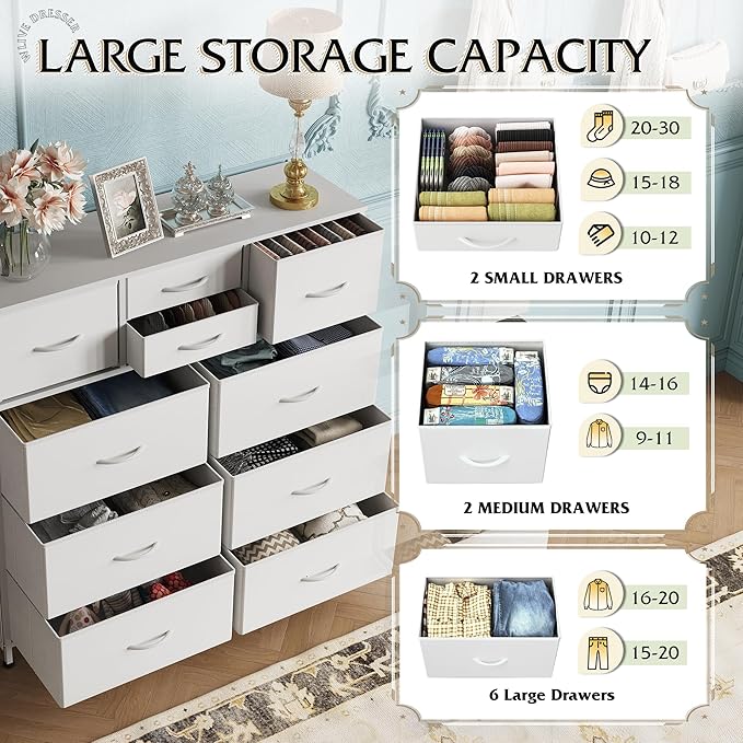WLIVE White Dresser for Bedroom with 10 Drawers, Chest of Drawers with Side Pockets and Hooks, PU Storage Dresser, Sturdy Metal Frame, Drawers Organizer Unit for Living Room, Hallway, Closet