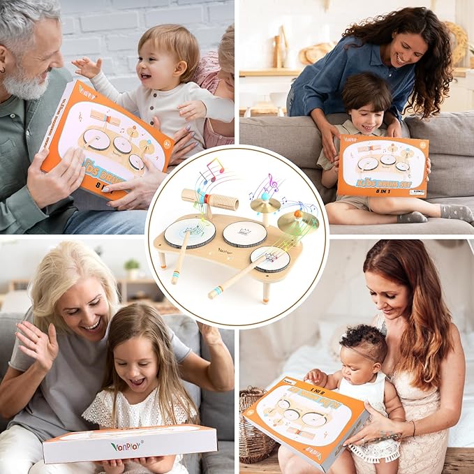 Kids Drum Set for Toddlers 3+, 8 in 1 Montessori Musical Instruments - Wooden Musical Toys for Baby Easter Christmas Birthday Gifts for Preschool Learning Music for Boys Girls Age 3 4 5 6