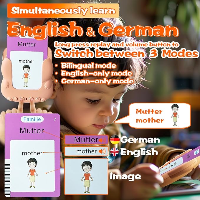 Talking Flash Cards for Kids - German Bilingual English Flashcard for Toddlers 3-12, Test Mode, 510 Sight Words, Audible Pocket Speech, Sensory Toys for Autism, Boys Girls Gifts (German)