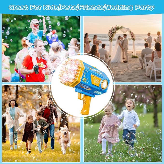 BOMOCO Bubble Gun,125 Holes Bubble Machine Bubbles for Kids Age 3-12,Bubble Blaster Gun with Bubble Solution Summer Outdoor Bubble Toys Birthday Wedding Halloween Party Favors Gifts Bubble Maker,Blue