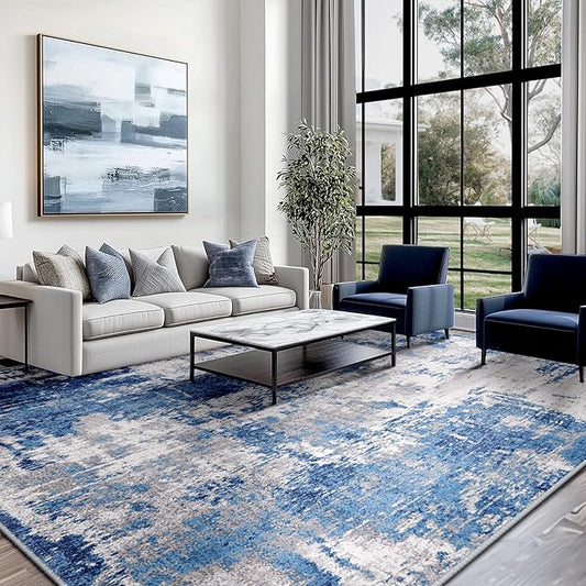 Washable Area Rugs 8'x10' Non-Slip Modern Abstract Soft for Living Room Entryway Bedroom Nursery, Print Pattern, Blue Grey Navy Gray