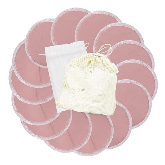 wegreeco Nursing Breast Pads (14 Pack) + Laundry Bag & Travel Storage Bag, 4.7 inch - Washable & Reusable Breastfeeding Nursing Pads (Mild Pink, Large, Contoured & Plain Shape)