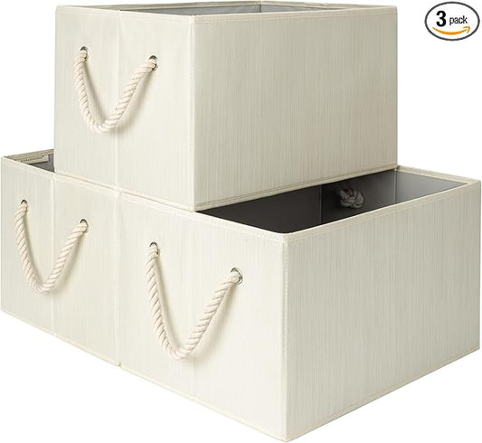 StorageWorks Storage Baskets for Shelves, Foldable Fabric Closet Storage Bins with Handles, Fabric Storage Bins Clothes Organizer, Beige, White & Ivory, 3-Pack, Extra Large