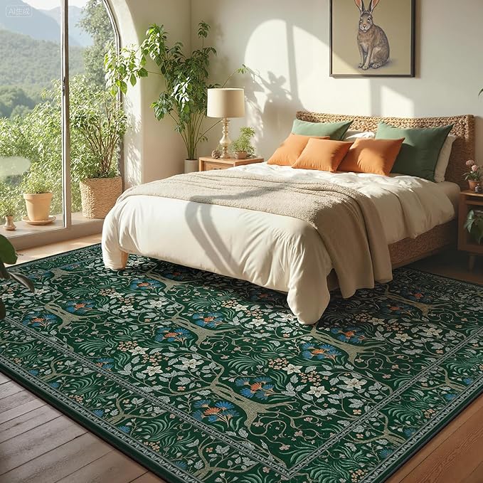 Joydeco Boho Floral 8x10 Area Rugs for Living Room, Washable Dark Green Rug Non Slip, Soft Large Low-Pile Botanical Forest Indoor Floor Throw Carpet for Bedroom Nursery Dining Office