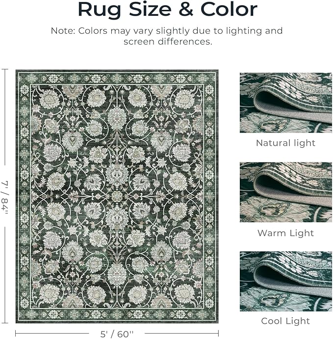 Floral Washable Area Rugs 5x7, Vintage Rug for Living Room, Large Bedroom Carpet, Non Slip Low Pile Ultra Soft Carpets for Indoor Dining Home Nursery Playroom Under Table, Dark Green