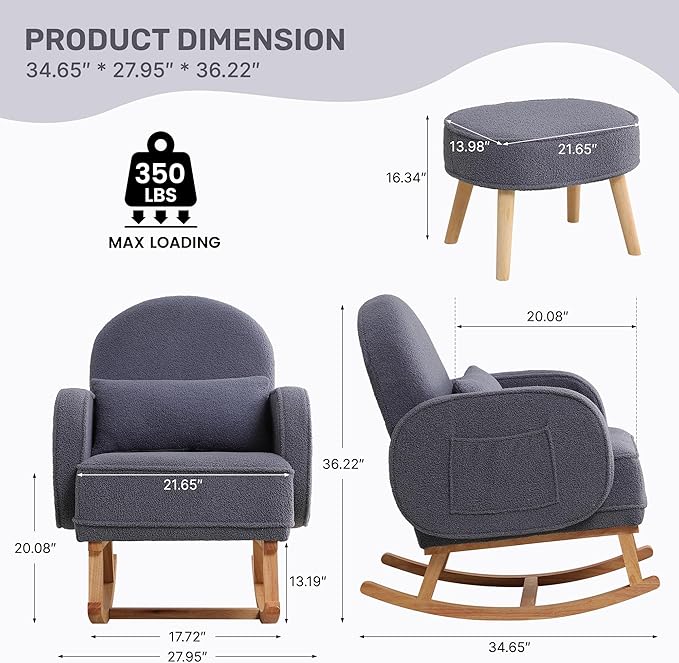 Nursery Rocking Chair with Ottoman, Upholstered Glider Rocker with High Backrest and Side Pocket, Rocking Accent Armchair with Solid Wood Legs for Nursery, Living Room, Bedroom Dark Grey