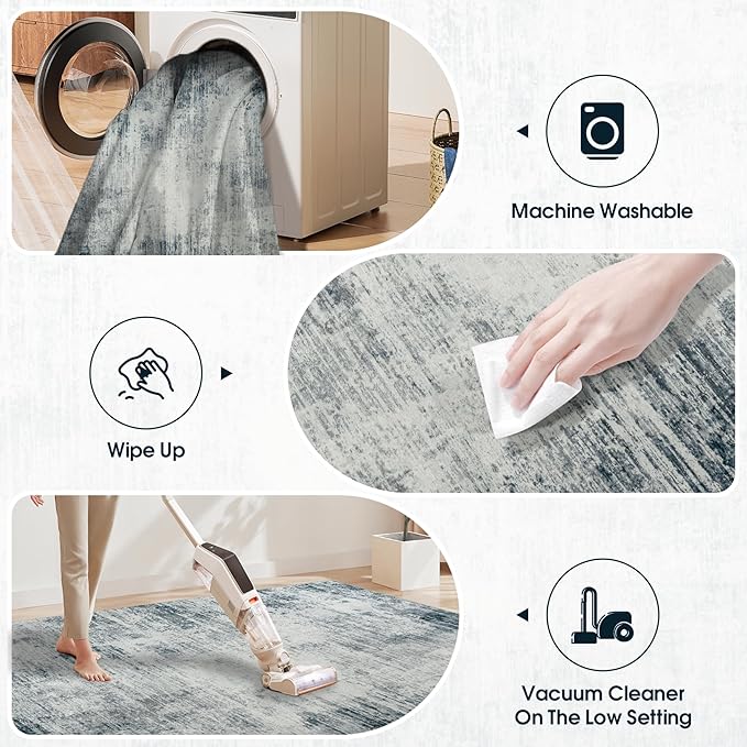 5x7 Area Rugs for Living Room Bedroom, Abstract Washable Rugs with Non-Slip Backing, Stain Resistant Indoor Floor Carpet for Dining Room Table Nursery Hallway Home Office-Blue/Ivory