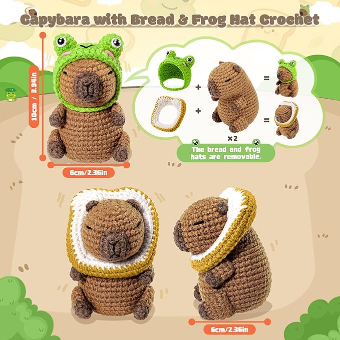 Capybara Crochet Kit for Beginners, 2PCS Capybara with Frog and Bread Hats Crochet Animal Kit with Step-by-Step Video Tutorials, Starters Crocheting Kits, Stuffed Animals Knitting Kit for Kids Adults