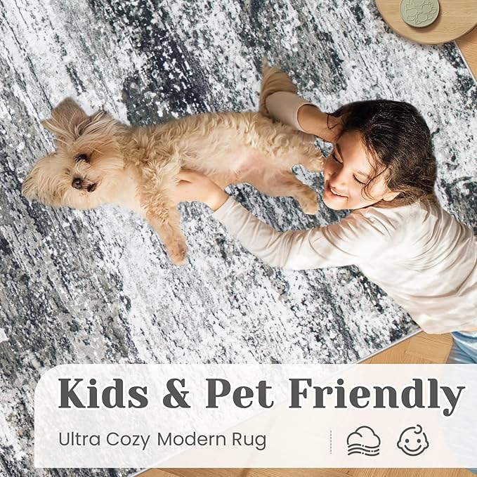 Washable Rug 8x10 Area Rugs for Living Room: Large Neutral Soft Rug Abstract Non Slip Low Pile Modern Carpet for Bedroom Kitchen Nursery Office Dining Room Indoor (Black, 8'x10')