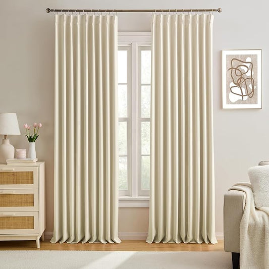 KEQIAOSUOCAI Pleated Room Darkening Privacy Curtains for Windows 102 inch Length - Solid Pinch Pleats Light Reducing Panels for Bedroom Living Room (Cream Beige, 60x102, 2 Panels = 120" Wide)