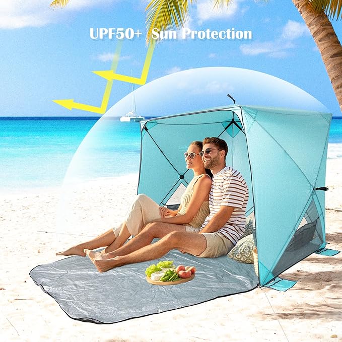 Beach Tent,Beach Sun Shelter with UPF 50+UV Protection with Extendable Floor mat for 3-4 Person, Waterproof Portable Easy Setup Beach Canopy Shade Tent for Outdoor Camping, Picnics