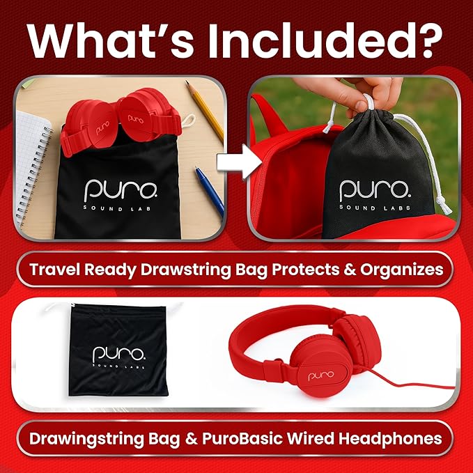 Puro Sound Labs PuroBasic Wired Headphones for Kids - Volume-Limiting & Adjustable with Microphone – Compatible with Smartphones, Tablets, PCs, and More – Safe, Durable Headphones for Kids – Red