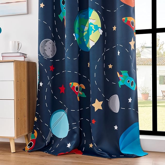 Kids Space Themed Blackout Curtains - 100% Blackout Perfect for Kids Room, Spark Kids Imagination with Vibrant Cosmos Designs, Noise Reduction, Thermal Insulated, (2 Panels W52×L84)