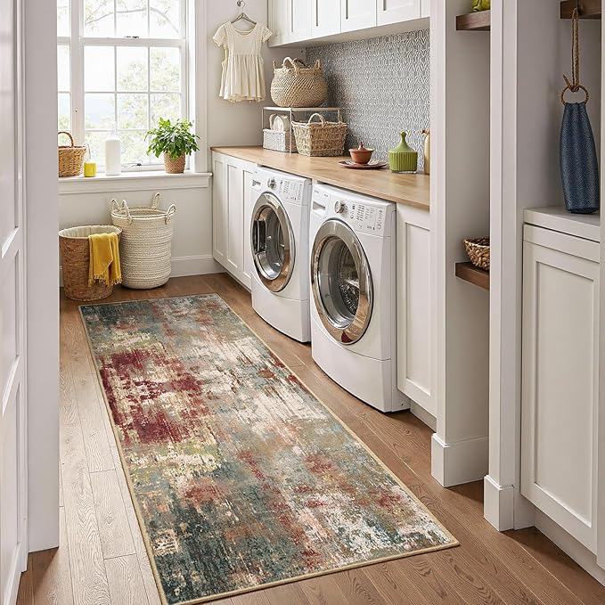 Washable Area Rugs 2'x6' Non-Slip Modern Abstract Soft for Living Room Entryway Bedroom Nursery, Print Pattern, Brown Rust Red Multi