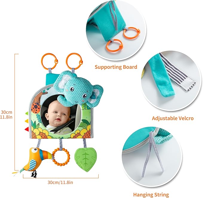 Car Seat Toy, Baby Car Mirror for Rear Facing, Travel Baby Activity Center with Hanging Engaging Toys for Infants Babies 0-6-12-18 Months Boy Girl