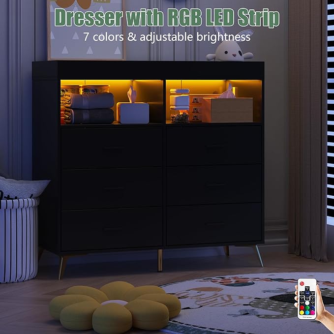 GarveeHome Dresser for Bedroom with 6 Drawers, Baby Changing Table Dresser with Changing Pad, LED Lights & Charging Station, Baby Changing Station with Changing Table Top, Black