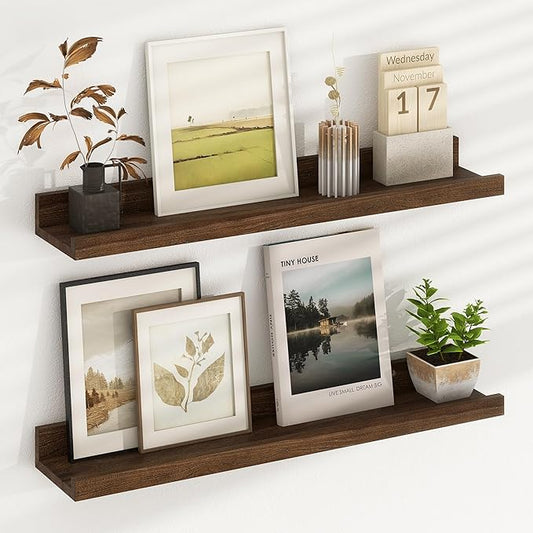 Picture Ledge Shelf - 24 Inches Floating Shelves Set of 2 - Rustic Elm Wood Ledge Shelves for Toys Storage, Kids Bookshelf Wall Mounted for Bedroom, Living Room, Kitchen - 24 Inches - Walnut Color