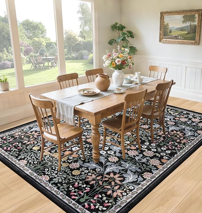 10x12 Area Rugs for Living Room: Floral Washable Rug Vintage Large Soft Boho Non-Slip Carpet Indoor Stain Resistant Low Pile Carpets for Bedroom Dining Room Farmhouse Nursery Home Office Dark Black