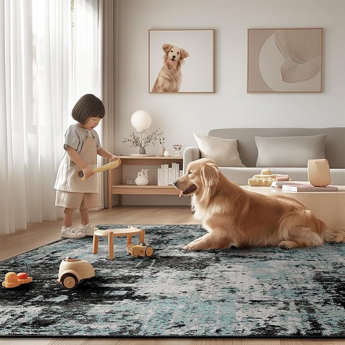 Washable Area Rugs 8ft Non-Slip Modern Abstract Soft for Living Room Entryway Bedroom Nursery, Print Pattern, Blue Black Teal