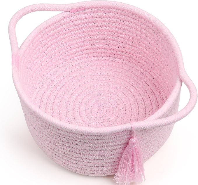 Empty Gift Basket – SweetMemo Mini Woven Rope Organizer Baskets for Gifting, Baby Shower, Desk, Makeup Brushes, Bathroom, Shelves – Small Decorative Storage Bin with Gift Bag & Ribbon – Blush Pink
