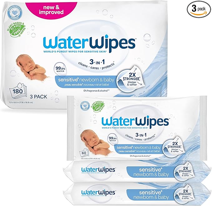 WaterWipes Sensitive+ Newborn & Baby Wipes, 3-In-1 Cleans, Cares, Protects, 99.9% Water, Unscented & Hypoallergenic, 180 Count (3 Packs)