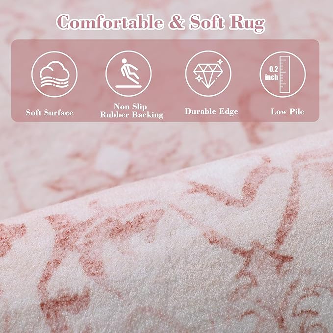 Pink Area Rugs 5x7 Rugs for Living Room, Machine Washable Rugs for Bedroom, Distressed Vintage Living Room Rug, Rug Non Slip Carpet Cream Green Area Rug for Dining Room Office