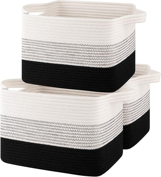 Storage Baskets for Organizing, Woven Baskets for Shelves, Rectangle Decorative Organizer for Storage Clothes, Toy, Books, Towels Nursery Bins 3 Pack (Gradient Black)