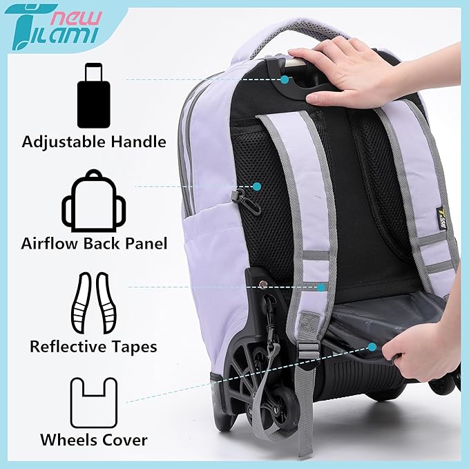 NEW TILAMI 18 inch Rolling Backpack for Kids – Waterproof, Stair-Climbing, Adjustable Handle, Variety of Colors & Patterns for School, Mood Map