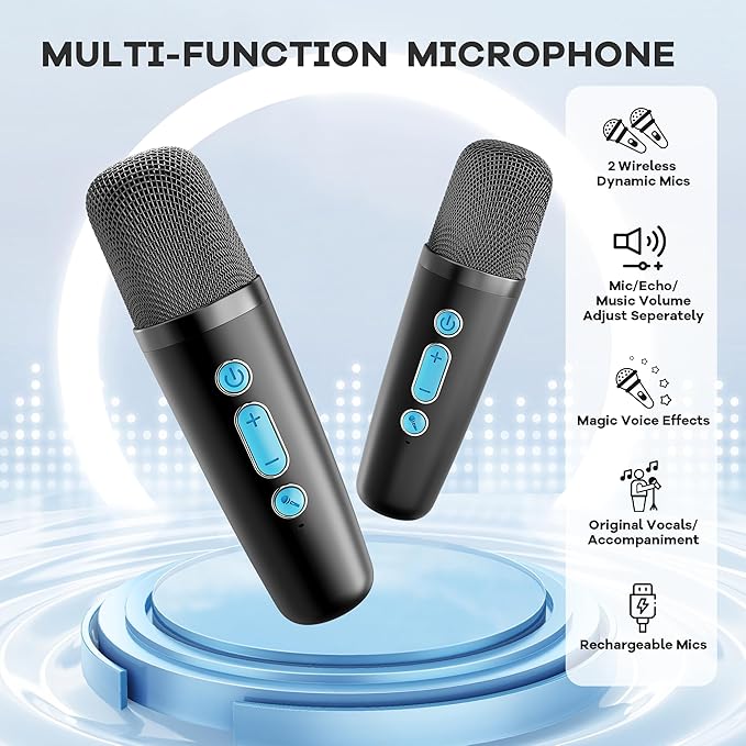 YLL Mini Karaoke Machine with 2 Wireless Microphones, TOP Kids Gifts for Girls Ages 3, 4, 5, 6, 7, 8, 9,10,11,12 +Year Old, 4-12 Years Old Birthday Toy Gift for Girls Boys Party (Black Blue)