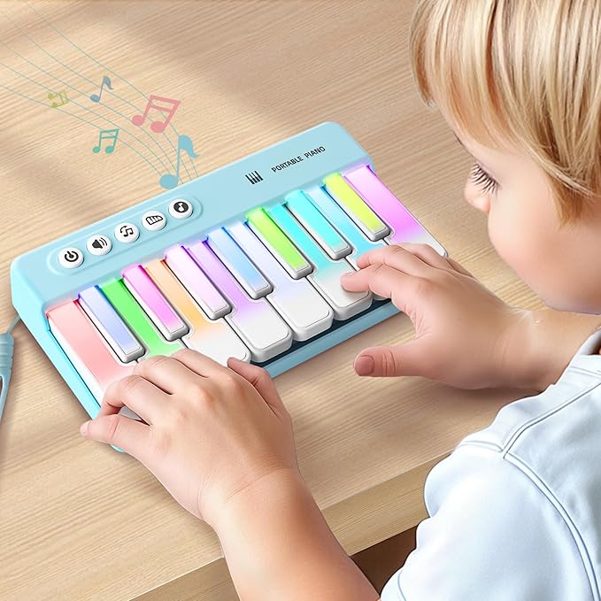 iPlay, iLearn Kids Mini Piano Toy W/Rainbow Lights, Portable Travel Piano Keyboard Toddlers Musical Instrument Learning Toys, Music Interactive Birthday Gift for 2 3 4 5 6 Year Old Boys Children