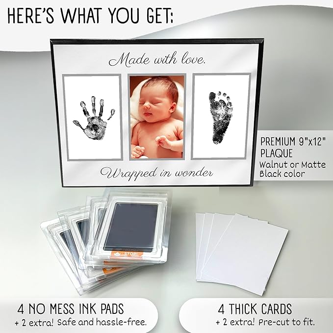 Baby Hand and Footprint Kit with Photo & Birth Details, Inkless Hand and Footprint Kit, Newborn Keepsake Plaque, Baby Shower Gifts (STYLE 2 (Baby Shower) (Made With Love))