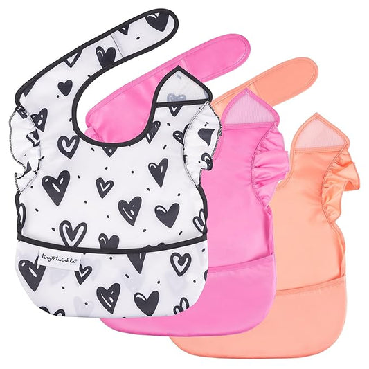 Tiny Twinkle Mess Proof Baby Bibs for Eating - Waterproof, Wipeable Bibs - Toddler Bibs - Travel Friendly - PFAS, PVC, BPA, Phthalate Free - Baby Food Bibs(3 Pack,Girl Hearts)