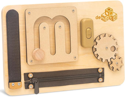 deMoca Baby Busy Board for 1 Year Old, Premium Montessori Toddler Travel Toy with Educational Activities, Sensory Travel Toys for Toddlers 1-3, Wooden Busy Board, Gift for Boy & Girl