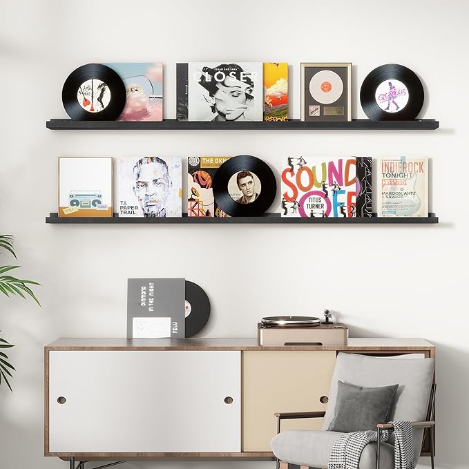 Picture Ledge Shelf, Floating Shelves Set of 2, Solid Pine Wood 72'' Long Large Nursery Book Shelves for Toys Storage, Kids Bookshelf for Living Room Bedroom Decor Books Photo Frames, Black