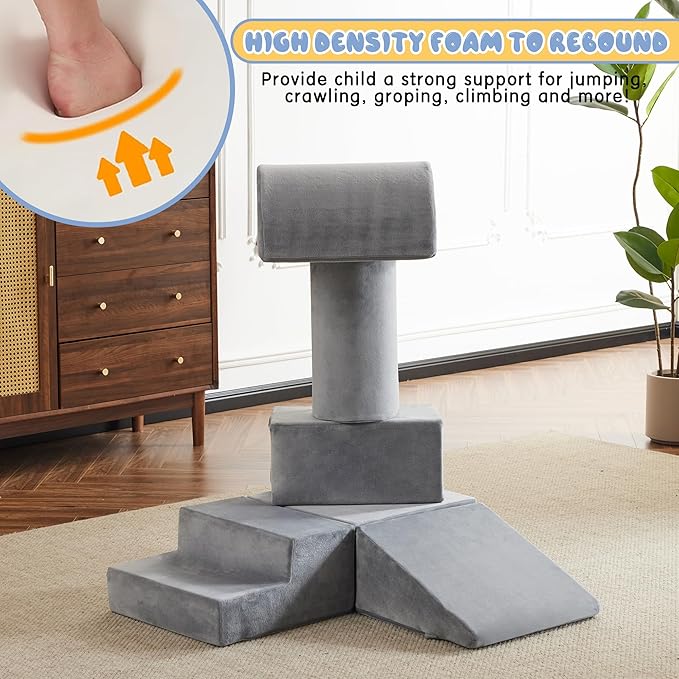 jela Foam Blocks 6Pcs Soft Play Equipment Soft Velvet, Toddler Climbing Toys Indoor Soft Play Climbing for Toddlers, Lightweight Climbing Blocks for Babies, Kids, Climb and Crawl Foam Playset