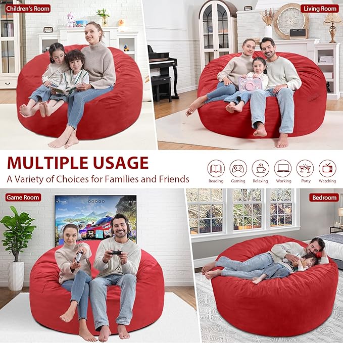 5FT Bean Bag Chair, Large Bean Bag Chairs with Memory Foam Filled, Fluffy Beanbag Sofa with Dutch Velvet Cover, Round BeanBag Chairs for Living Room, Playroom - Red