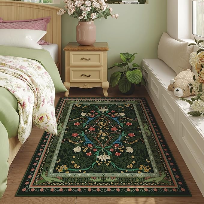Bedroom Rug 3x5 Rug Washable Area Rug Non Slip Low Pile Vintage Floral Botanical Small Carpet for Bedroom, Bedside, Kitchen, Entryway, Kids Room, Office, Green