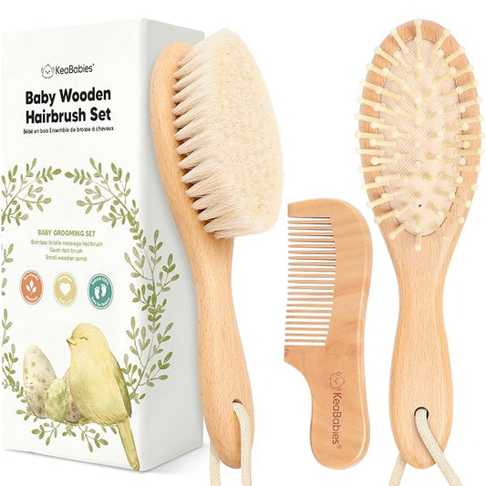 Baby Hair Brush and Comb Set for Newborn - Wooden Baby Hair Brush Set with Soft Goat Bristle, Baby Brush Set for Newborns Baby Brush and Comb Set Girl, Boy, Toddler Cradle Cap Brush (Oval, Walnut)