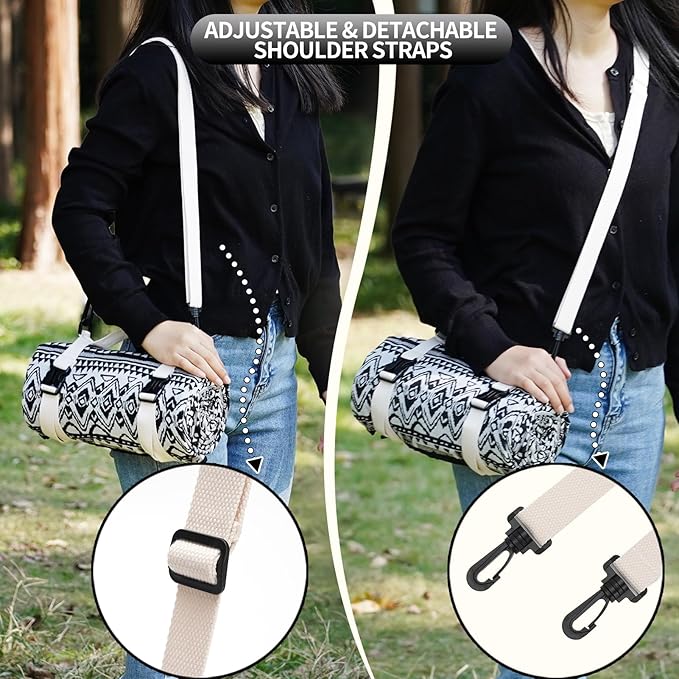 Picnic Blankets Outdoor Extra Large-Waterproof Picnic Blanket with Shoulder Carry Strap | Machine Washable Picnic Mat with Sandproof Backing for Park , Grass, Camping, Hiking, Concerts (Black)