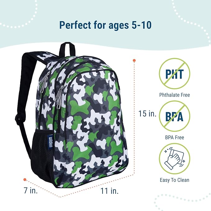 Wildkin 15-inch Kids Backpack – Durable, Padded, Adjustable for School & Travel - Green Camo